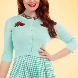 Collectif cropped aqua cardigan with embroidered strawberries size small
